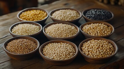 Nine bowls of various grains and legumes on wooden table.