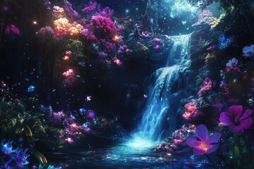 Enchanting Waterfall in a Bioluminescent Fantasy Forest
