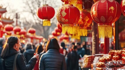 Fototapeta premium Crowded Chinese market street with red lanterns and shoppers during Lunar New Year.