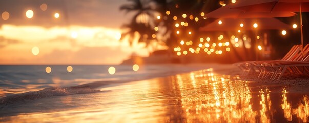 Obraz premium Tropical beach at sunset with deckchairs