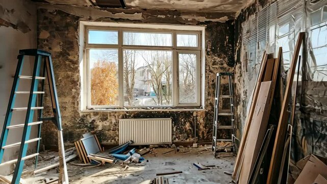 Renovation process in abandoned room with peeling walls and scattered materials in mid morning light