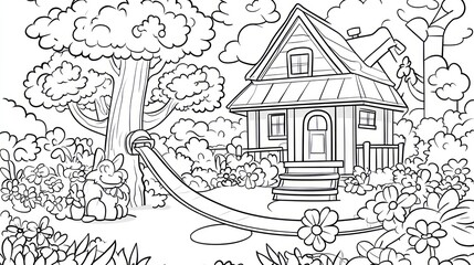 Obraz premium Cozy cottage nestled in a lush garden with a rope swing.