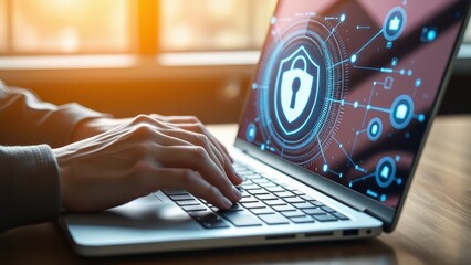 cybersecurity, hacker, laptop, dark room, glowing blue screen, hands typing, binary code, digital padlock icon, encrypted data, cyber threat, technology, computer security, dramatic lighting, futurist