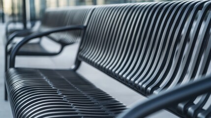 Modern metal park bench outdoors, close-up view.
