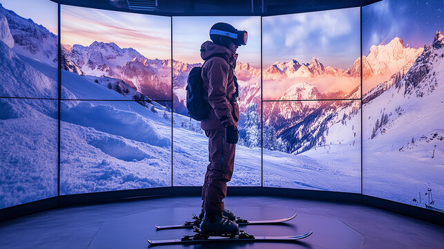 High-Tech Ski Simulator with VR Headset and Snowy Mountain Scenery – Immersive Winter Experience