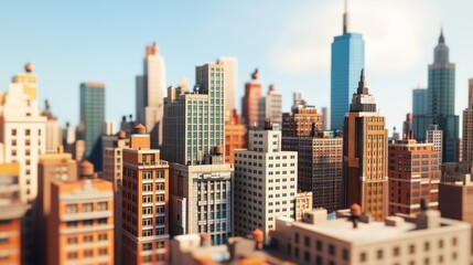 Obraz premium Stylized low-poly cityscape, sunlit urban skyline with skyscrapers and buildings.