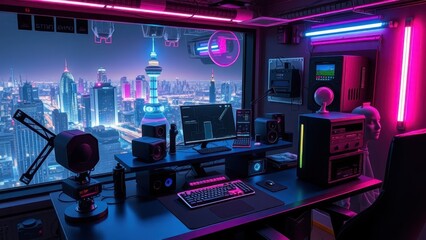 Cyberpunk workspace, neon-lit room, retro gaming setup, futuristic cityscape view, pink and blue color scheme, multiple monitors, glowing LED lights, retro TV, urban night skyline, synthwave aesthetic