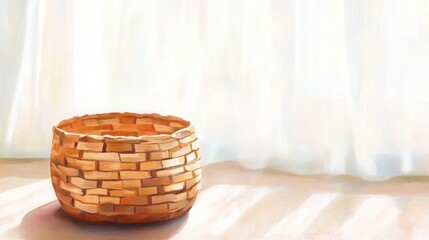 Obraz premium Light-filled room with empty wicker basket near sheer curtains.