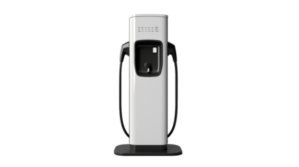 A white electric vehicle charging station with a visible charging cable, ideal for technology, energy, or environmental projects highlighting clean energy solutions