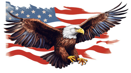 A realistic bald eagle with spread wings standing in front of an American flag background, symbolizing freedom, patriotism, and strength in stunning detail
