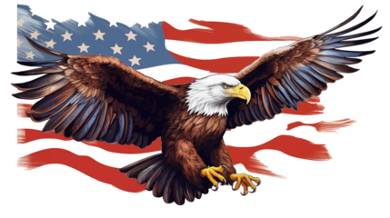 A realistic bald eagle with spread wings standing in front of an American flag background, symbolizing freedom, patriotism, and strength in stunning detail