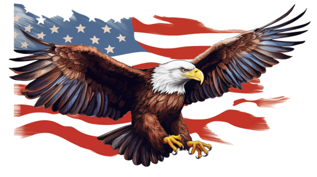 A realistic bald eagle with spread wings standing in front of an American flag background, symbolizing freedom, patriotism, and strength in stunning detail