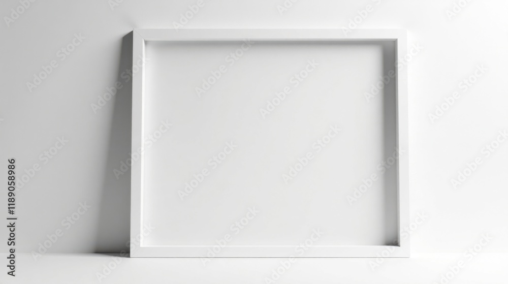 Aufkleber a simple white square frame against a minimalist white wall background, perfect for mockups and desi