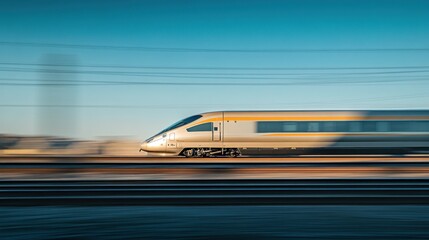 Obraz premium High-speed train traveling at speed on railway tracks under a clear blue sky.