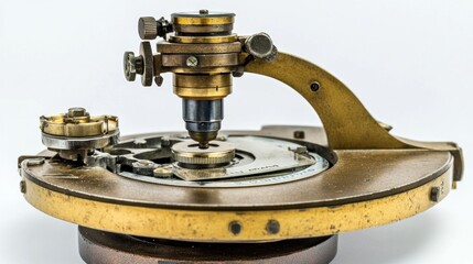 Antique brass scientific instrument, close-up view showing intricate details and mechanisms.