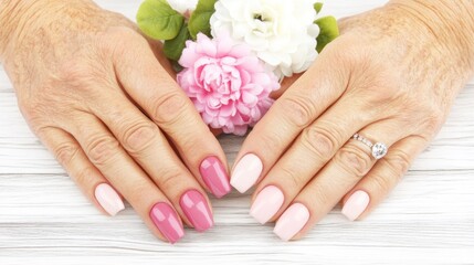 Fototapeta premium Woman's hands with pink and light pink nail polish and flowers.