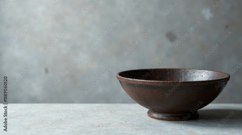 Poster rustic brown bowl on a neutral surface, a simple still life composition for design projects