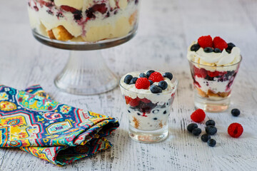 layered berry trifle with sponge cake and whipped cream