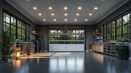 Modern garage interior design. Large windows letting natural sunlight. Recessed lighting creates inviting ambiance. Organized storage cabinets, shelves add to space airy feel. Plants add touch of