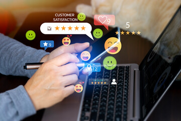 Customer Satisfaction Survey concept, 5-star satisfaction, service experience rating online application, customer evaluation product service quality, satisfaction feedback review, good quality most.