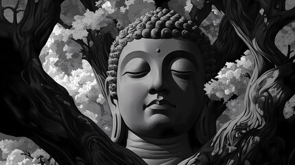 Buddha image with a serene face carved from blackwood, surrounded by ancient trees, reflecting the rich culture and history of thailand. Blazewood. Illustration