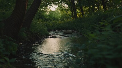 Obraz premium Serene stream flowing through lush green forest at sunset.
