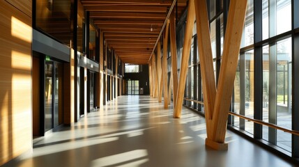 Sunlit Modern Wooden Corridor with Large Windows and Natural Light Streaming In