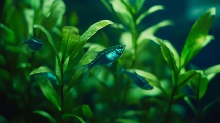 Naklejka premium An Aquatic scene featuring small fish swimming among lush green plants, creating serene underwater atmosphere