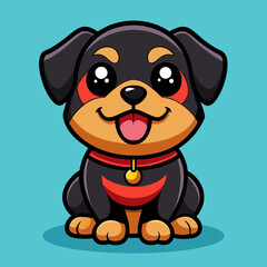 Cute Cartoon Rottweiler Puppy – Big Eyes, Red Collar, Playful Pose in Kawaii Chibi Style