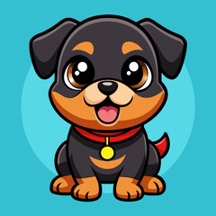 Cute Cartoon Rottweiler Puppy – Big Eyes, Red Collar, Playful Pose in Kawaii Chibi Style