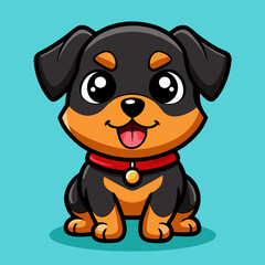 Cute Cartoon Rottweiler Puppy – Big Eyes, Red Collar, Playful Pose in Kawaii Chibi Style