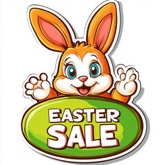 Easter bunny with sign that reads "EASTER SALE" , logo on a white background, in a clipart style. An Easter egg in the shape of an orange and green oval, in a sticker format. Design element for store,