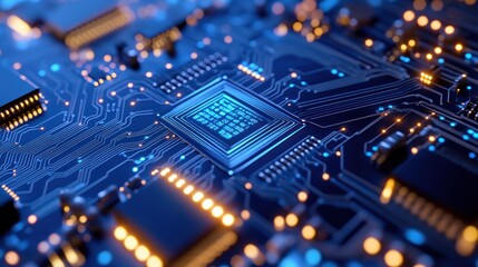 Obraz premium Close-up of a glowing blue central processing unit (CPU) on a circuit board.