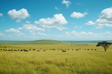 Obraz premium Wildebeest herd grazing in the African savanna under a blue sky