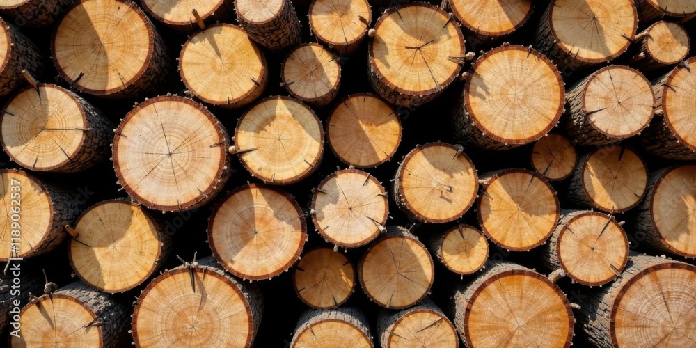 Aufkleber close-up view of a stack of freshly cut tree logs, showcasing the concentric rings and natural textu
