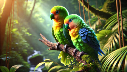 Obraz premium Realistic Image of Two Colorful Lovebirds Perched in Nature