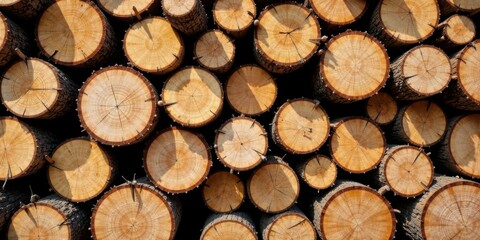 Close-up view of a stack of freshly cut tree logs, showcasing the concentric rings and natural texture of the wood