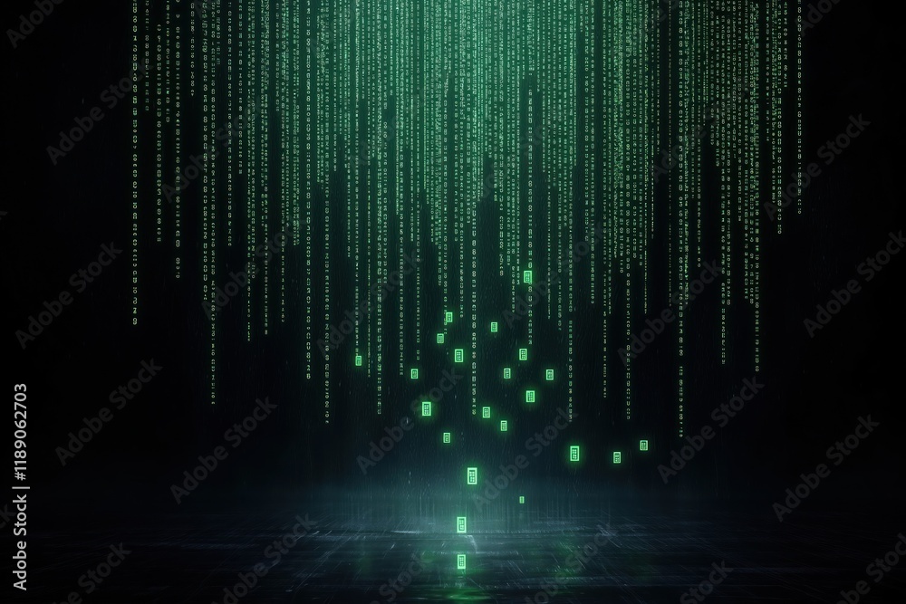 Poster futuristic digital matrix shows falling green code in virtual cyberspace at night. abstract tech bac
