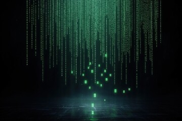 Futuristic digital matrix shows falling green code in virtual cyberspace at night. Abstract tech background with neon light effects. Complex digital data streams create sense of advanced technology,