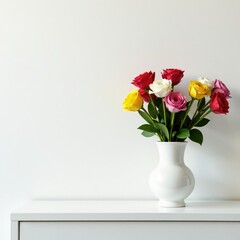 Fototapeta premium White shelf topped with a large vase filled with flowers, shelf, greenery, white