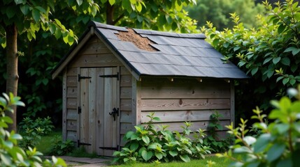 Rustic wooden garden shed with a damaged roof nestled amongst lush green foliage
