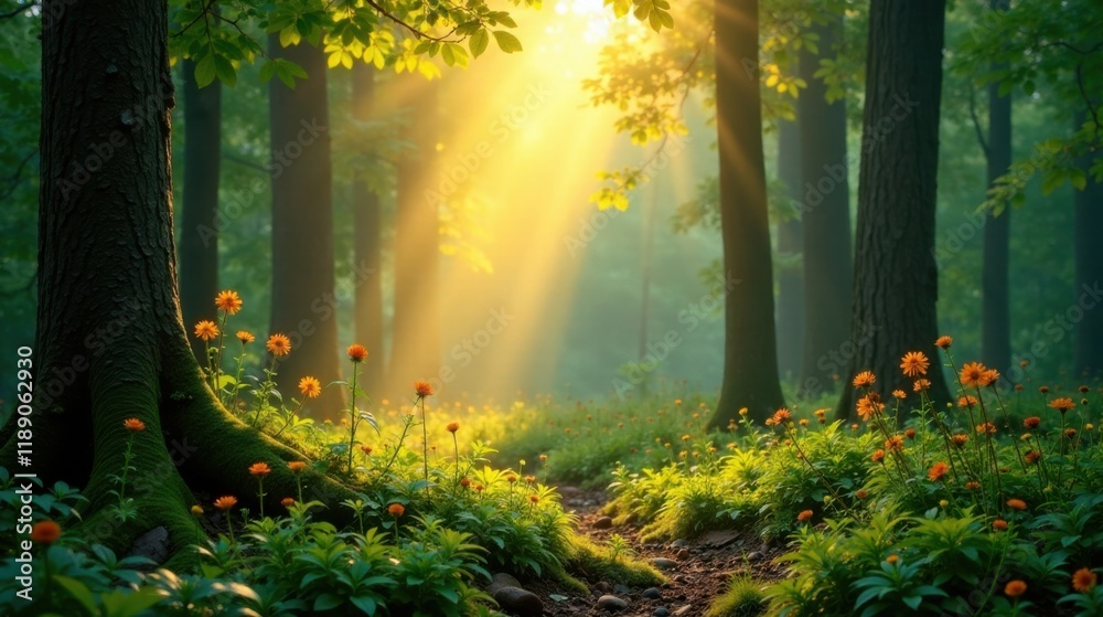 Poster golden sunlight streams through a mystical forest, illuminating a path edged with vibrant wildflower
