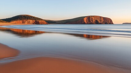 Serene sunrise over tranquil beach with red cliffs reflecting in calm water.