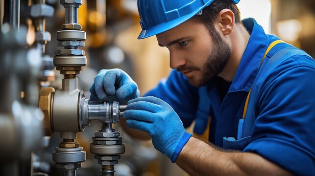 Expert plumber installs backflow prevention valve in modern plumbing system. Close-up view of installation process. Pro handles complex fitting. Plumber wears safety gear. Focus on pipes, mechanisms,