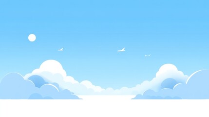 Peaceful blue sky with fluffy clouds, birds flying