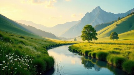 Obraz premium Serene valley landscape with a tranquil river flowing through lush green meadows and majestic mountains at dawn