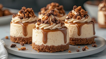 Creamy mini cheesecakes topped with a drizzle of melted cookie butter and crushed speculoos cookie.