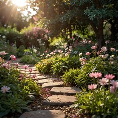 Obraz premium pink flowers in a garden pathway