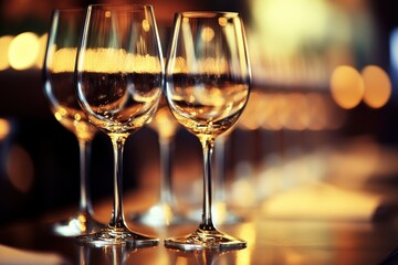 Obraz premium Elegant Wine Glasses Reflecting Warm Lights