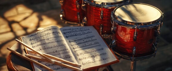 Red drum kit with sheet music and drumsticks in sunlight.